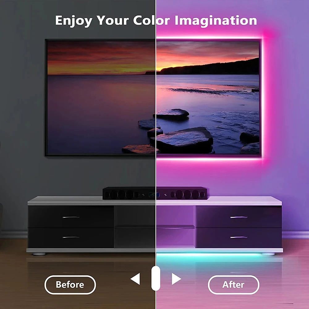 Flexible 5M WiFi RGB LED strip light by Showlu Smart General, showcasing colorful, decorative lighting on a wall.