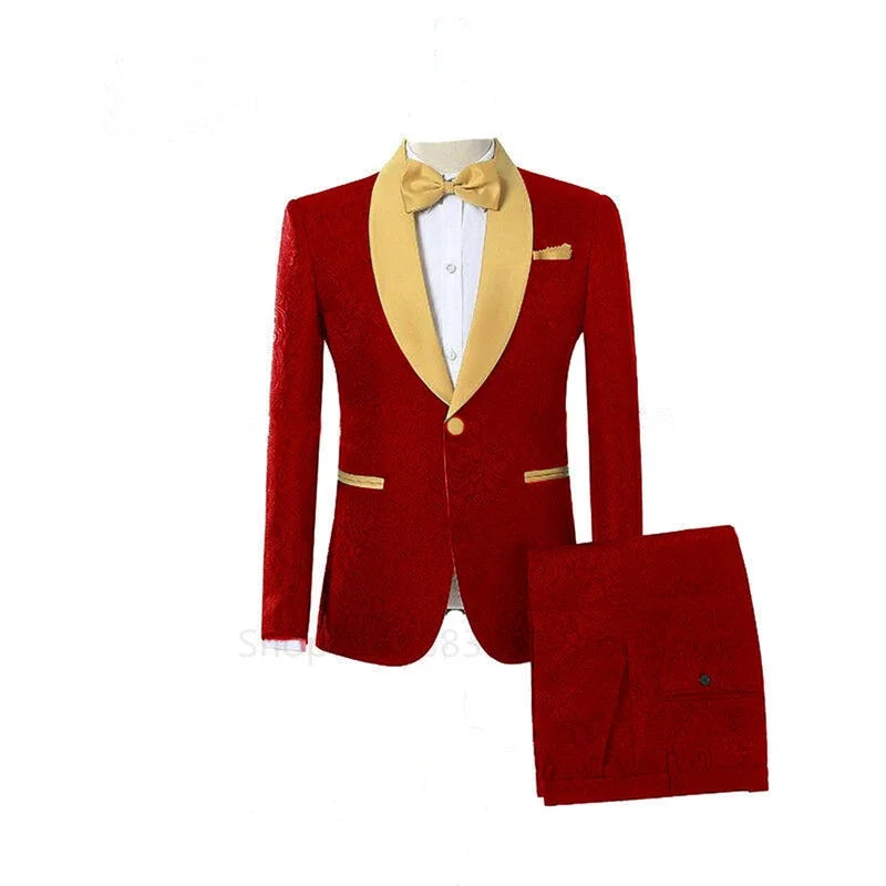 Red jacquard men's wedding suit with white shawl lapel tuxedo, stylish and elegant formal attire from SHOWLU FASHION STORE.