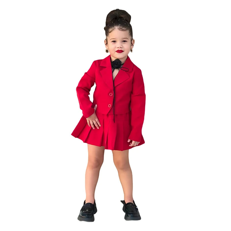 YTYIN girls autumn 2-piece long sleeve jacket and miniskirt suit, stylish and comfortable for kids, shown in a bright, playful outfit.