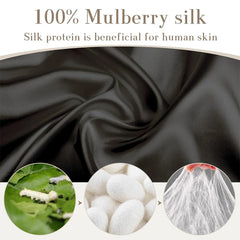 A black silk sleep mask is shown above images of silkworms, cocoons, and raw silk fibers.