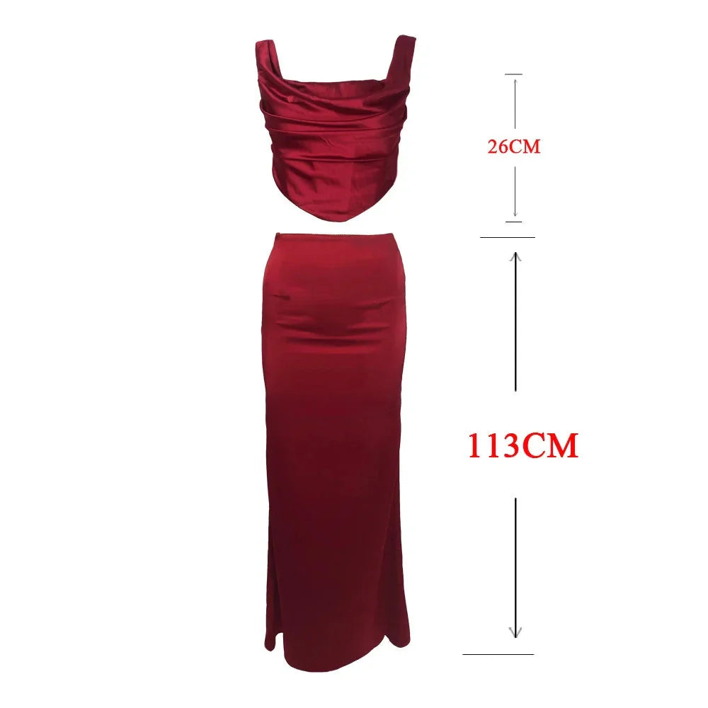 Mingmingxi wine satin corset top and skirt 2-piece set for women, stylish satin dress with fitted corset and elegant skirt.