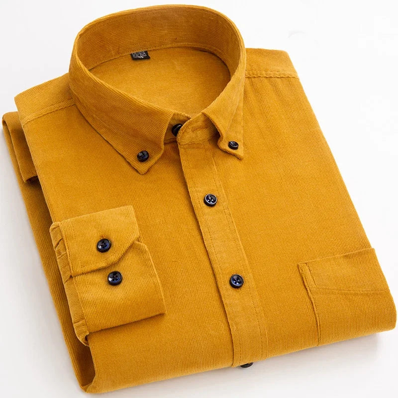 Long sleeve men's cotton corduroy shirt in solid warm winter fit with pockets, casual style, available from Showlu Fashion Store.