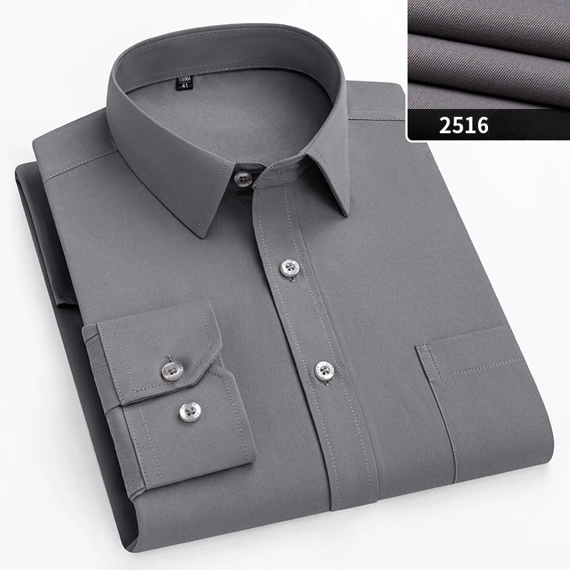Showlu Fashion Store men's plus size slim fit formal long-sleeve plain shirt with double collar, ideal for office and business wear.