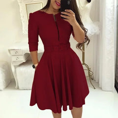 Fashion Women Patchwork A-line Dresses Autumn/Winter Round Neck Printed Belt Party Dress Elegant Office Lady Zipper Dress