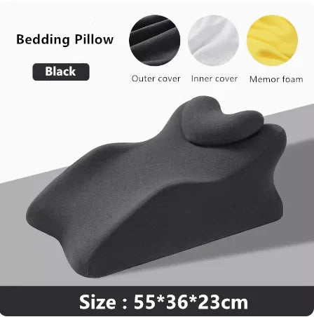 Showlu Memory Foam Prone Sleeping Pillow with ergonomic design for comfortable prone sleeping, shown in a neutral bedroom setting.
