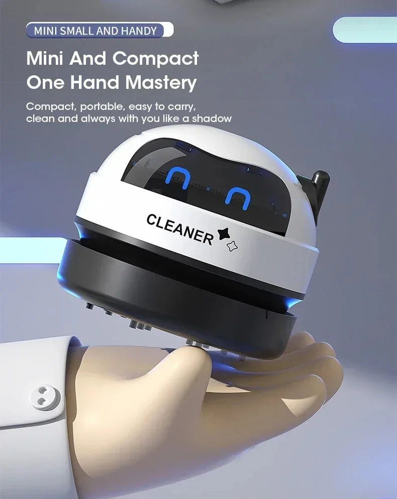 Mini USB Robot Desk Vacuum by Showlu Smart General, compact robot-shaped vacuum cleaner for cleaning desktops.
