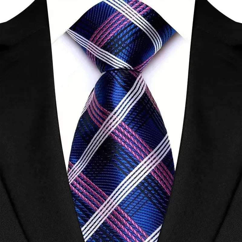 Purple men's necktie with floral plaid and stripe pattern, jacquard woven design for business, wedding, or formal occasions