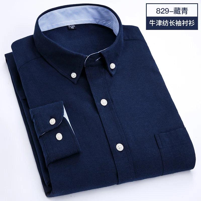 Showlu men's slim fit Oxford shirt with long sleeves, non-iron casual top, in a classic button-up style, displayed on a hanger.