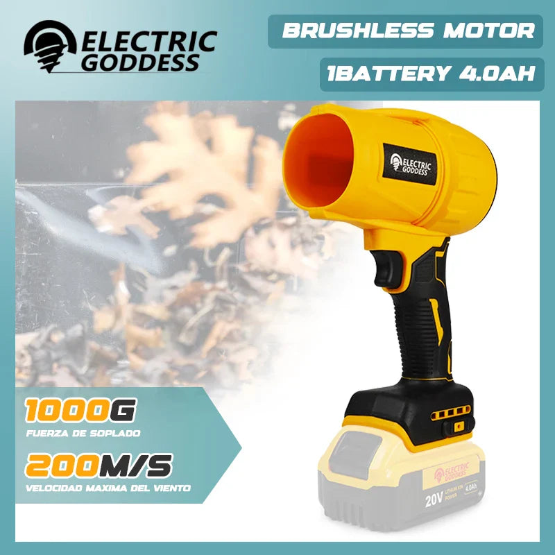 Electric Goddess 1500W brushless jet fan blower compatible with Dewalt 20V battery, shown in use with power and airflow.