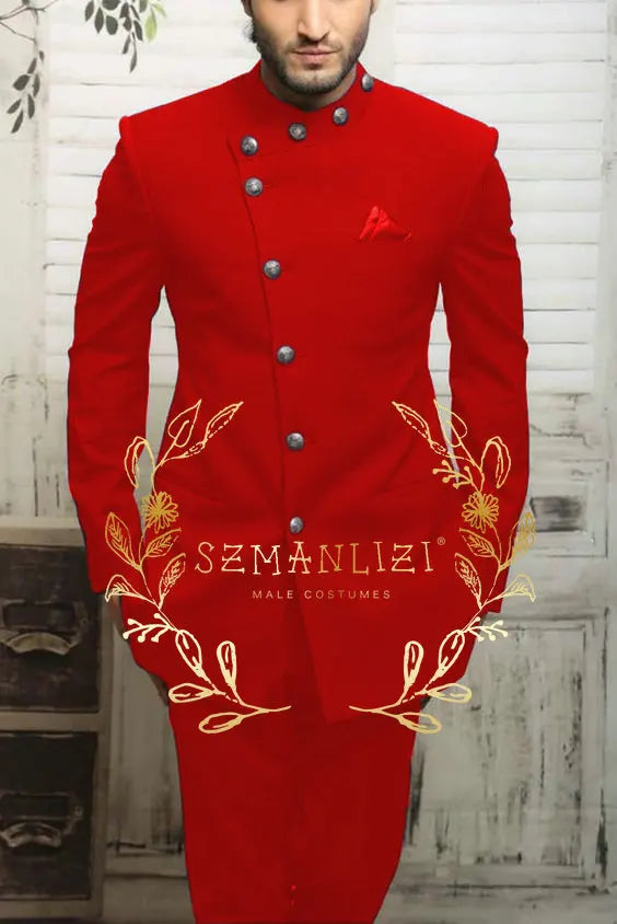 Navy blue Indian design men's suit from Showlu Fashion, slim fit formal blazer and matching trousers for wedding or business occasions.