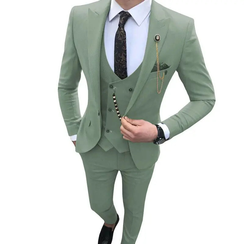 SHOWLU men's 3-piece slim fit wool suit with single-breasted tuxedo jacket, dress shirt, and matching trousers on a mannequin.