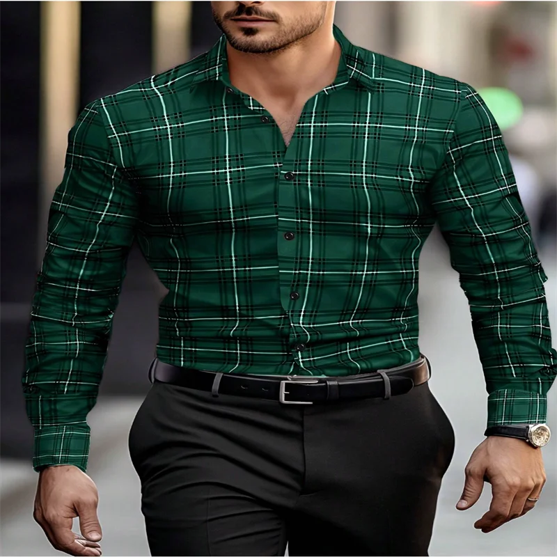 Men's classic red striped plaid long-sleeved shirt, casual fashion top by Showlu Fashion, suitable for everyday wear