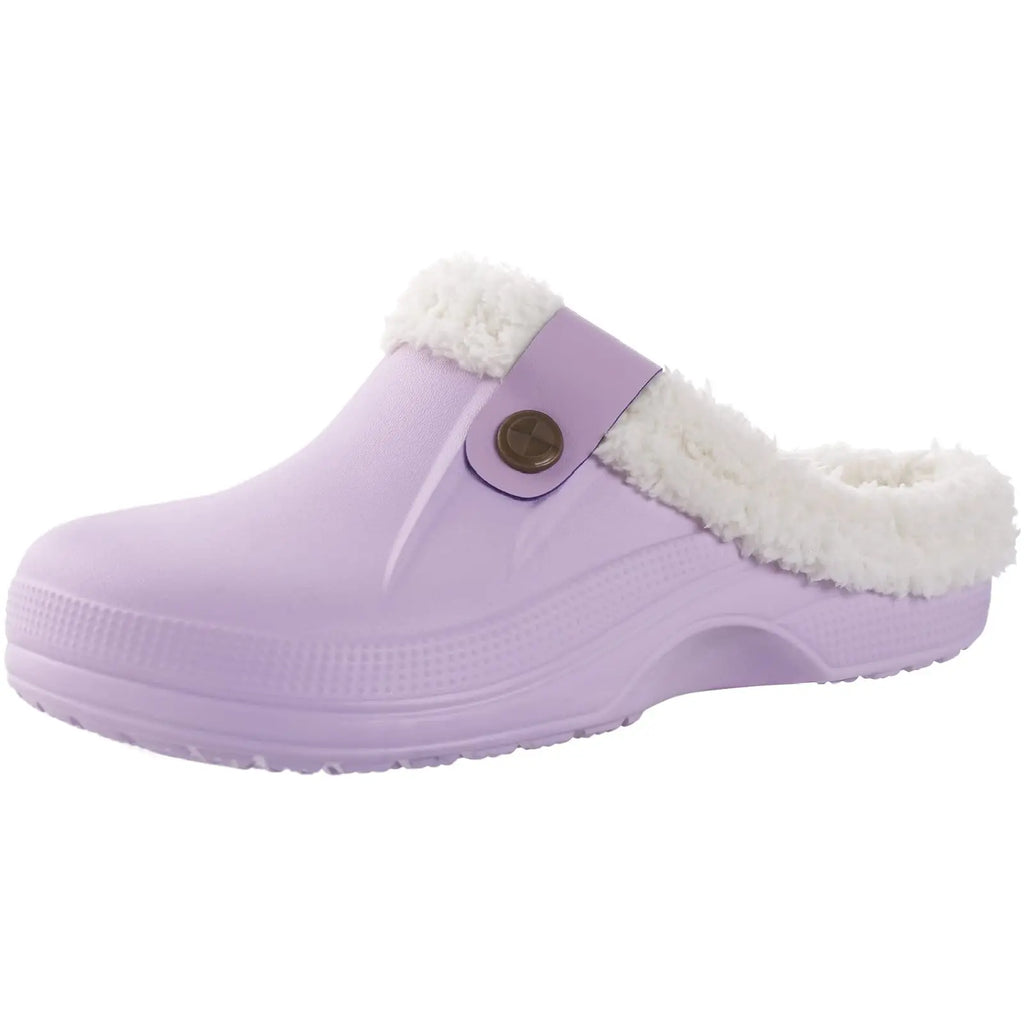 Showlu Fashion Shevalues fuzzy men's clogs slippers with waterproof fur lining, anti-slip soles, ideal for winter indoor and garden use.