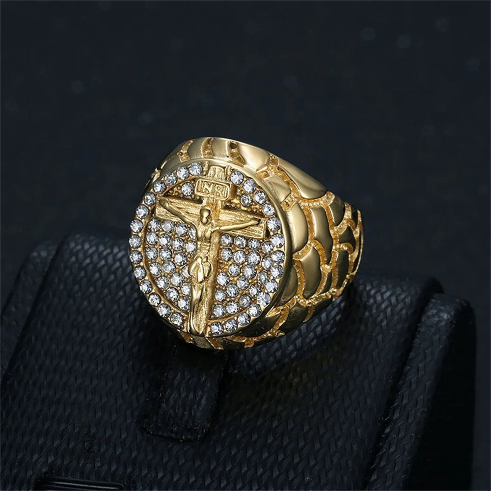 Men's iced out Jesus cross ring in 18k gold-plated stainless steel with detailed religious design and sparkling embellishments.