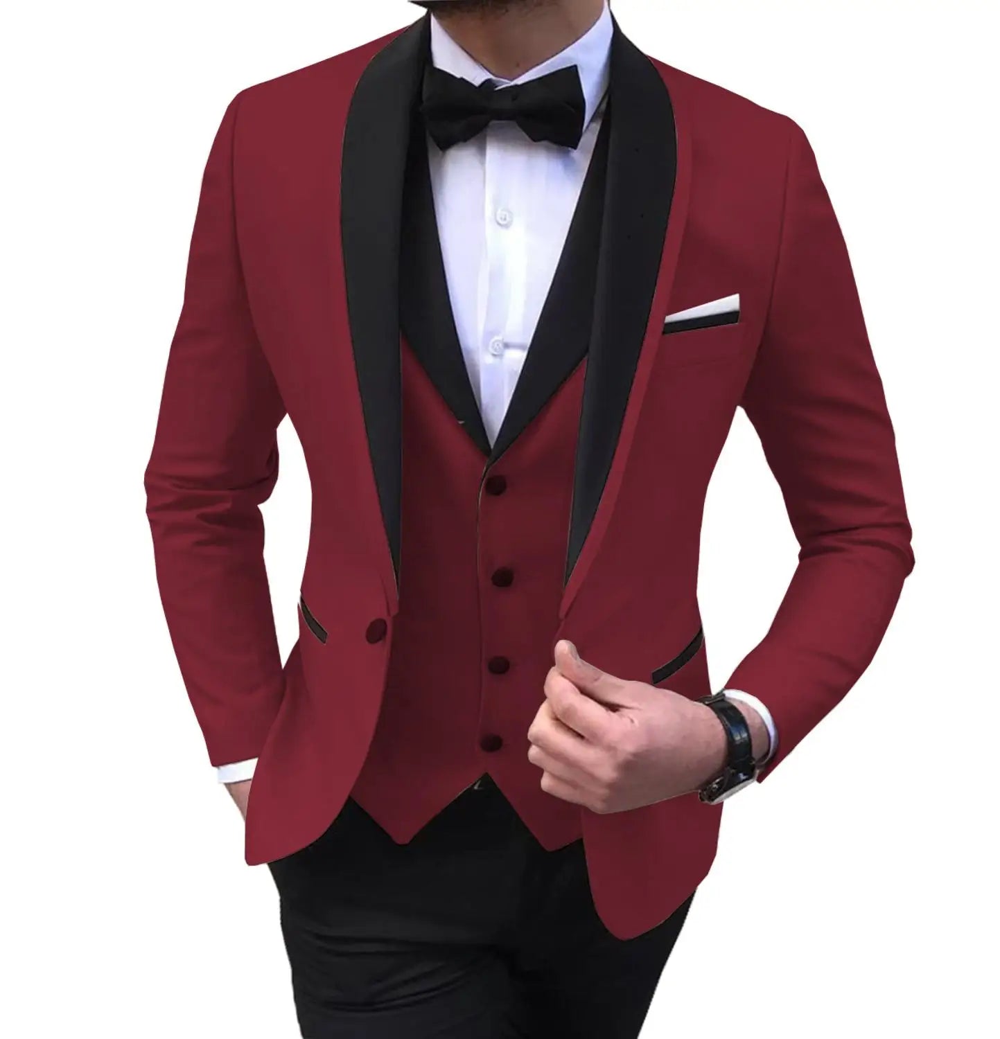 Showlu Smart General men's burgundy 3-piece suit with blazer, vest, and pants, ideal for formal weddings, prom, or groomsmen.