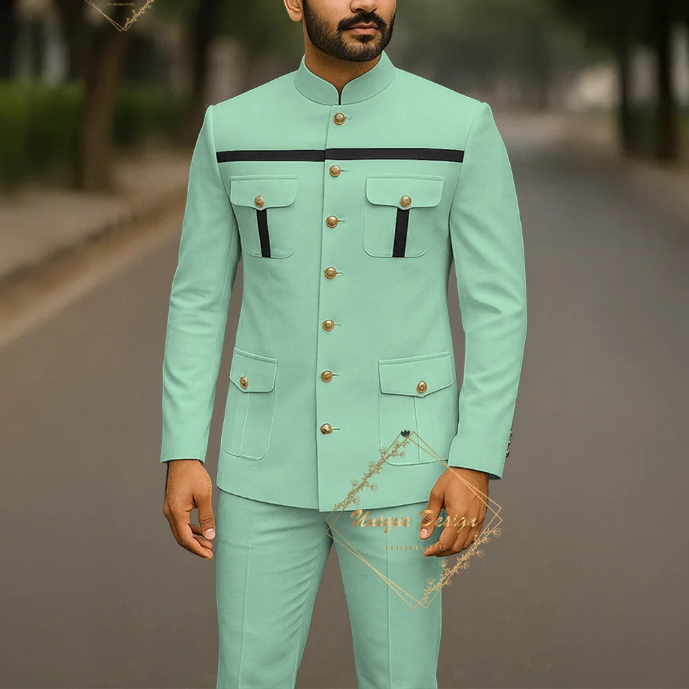 Ivory formal safari suit for men, custom-made Indian wedding groom 2-piece set with jacket and slim-fit pants, stylish party dress.