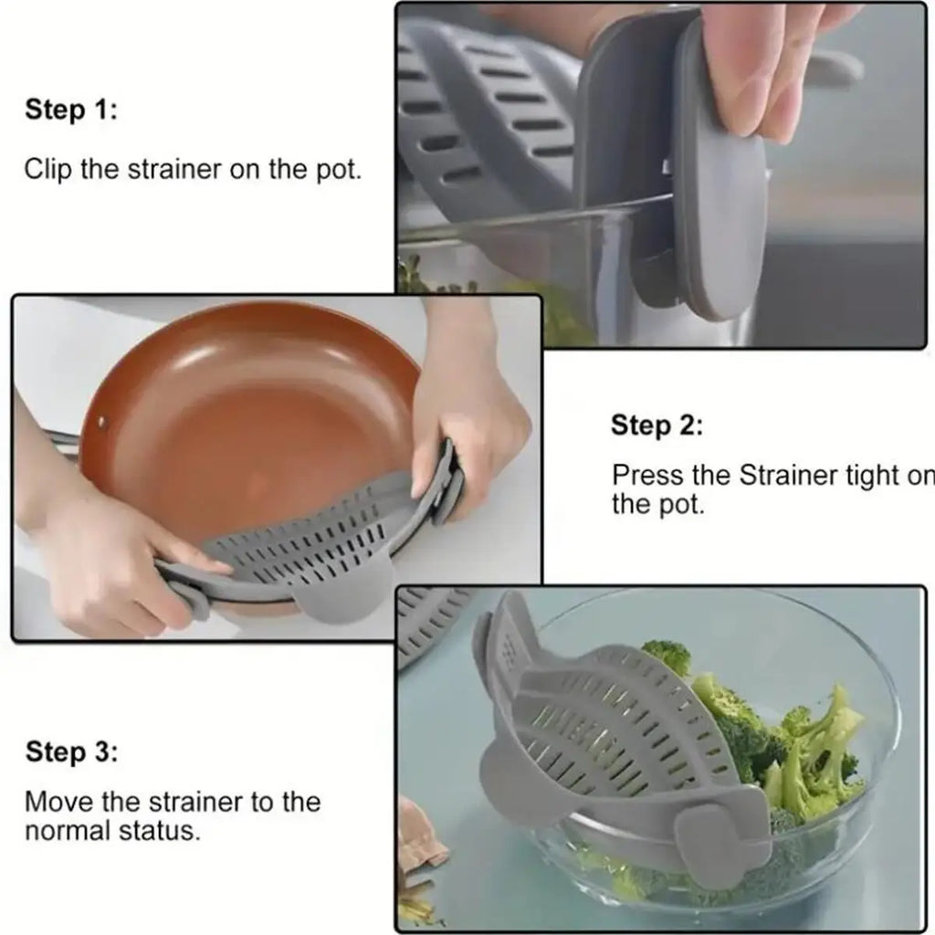 Showlu Smart General clip-on pot strainer attached to a cooking pot, made of stainless steel with fine mesh for draining liquids.