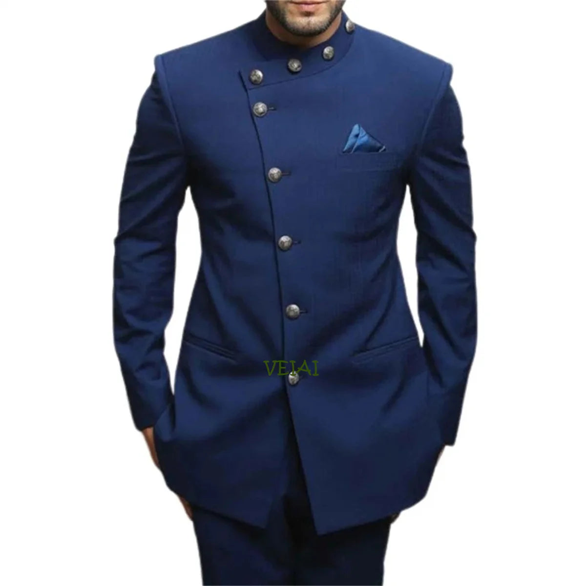 Blue Jodhpuri suit for men by Showlu Fashion, featuring a cotton blend groom tuxedo with intricate detailing and traditional style.