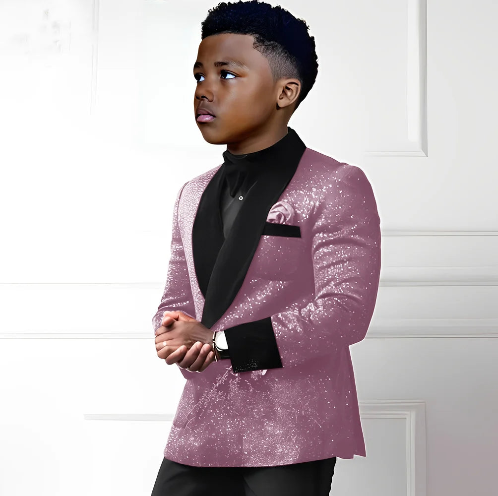 Sequin boys suit 2-piece set with double-breasted blazer and pants, stylish kids tuxedo for special occasions, ages 2-16.