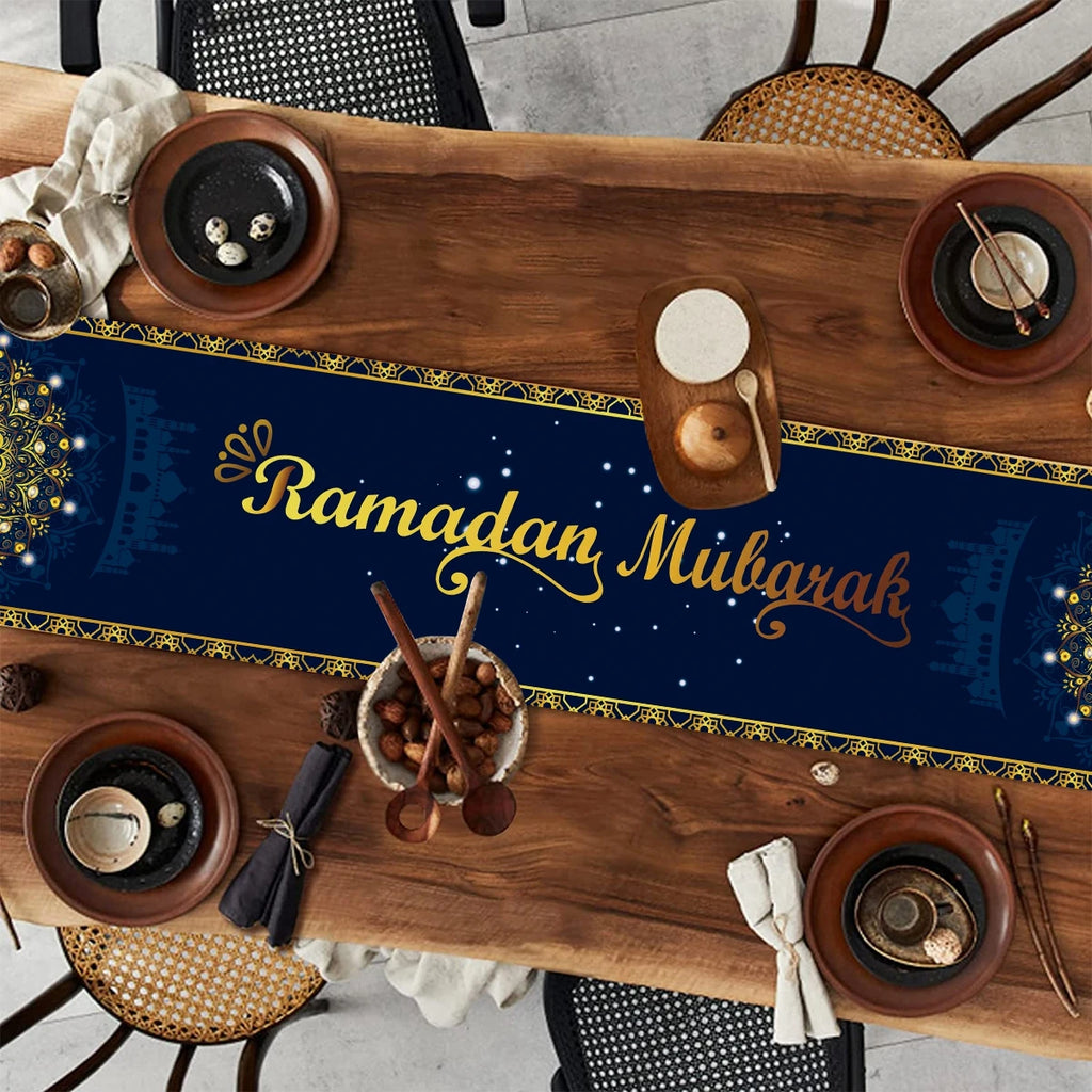 Ramadan decoration table runner with Eid Mubarak design for home tablecloth, Islamic Muslim Eid Al-Fitr celebration decor.