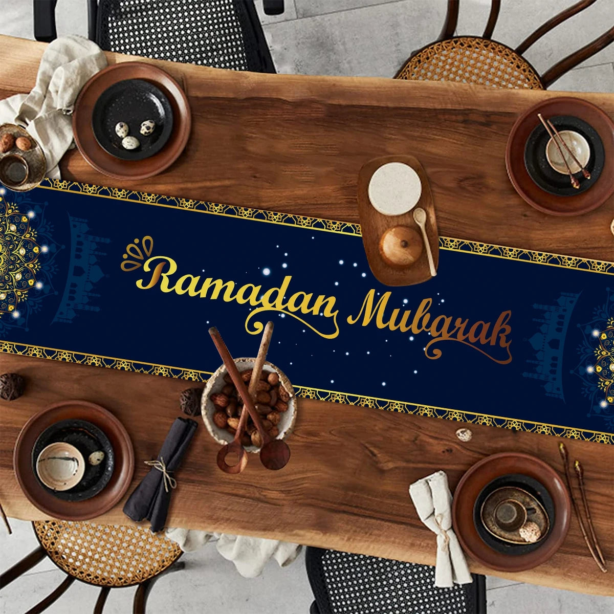 Ramadan decoration table runner with Eid Mubarak design for home tablecloth, Islamic Muslim Eid Al-Fitr celebration decor.