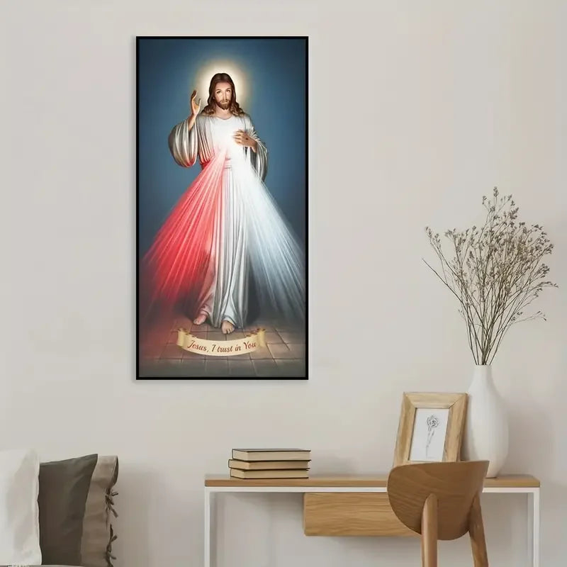 Divine Mercy Jesus wall art poster featuring I Believe In You message on canvas, religious Christian wall decor with vibrant colors.