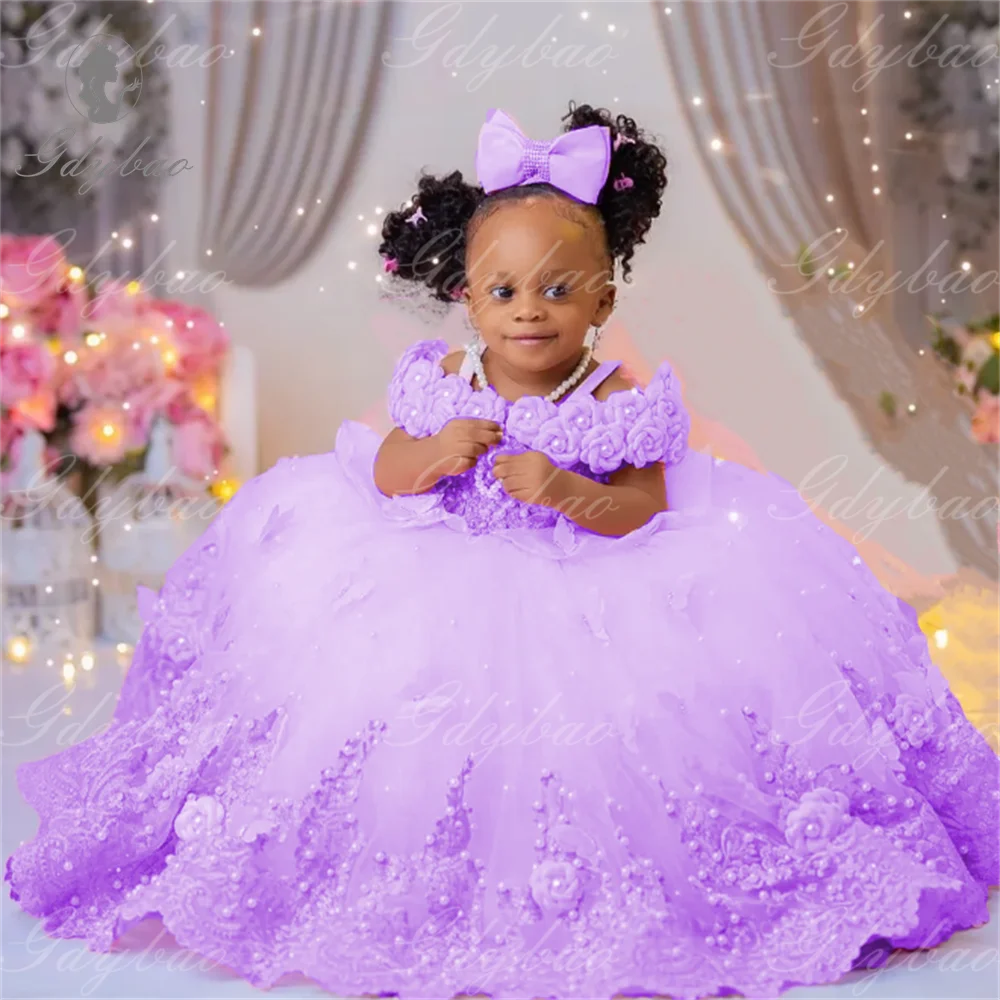 Pink Flower Girl Dresses Luxury Big Pearls Lace Ball Gown First Communion Dress Birthday Photos Shoot Gowns for Party