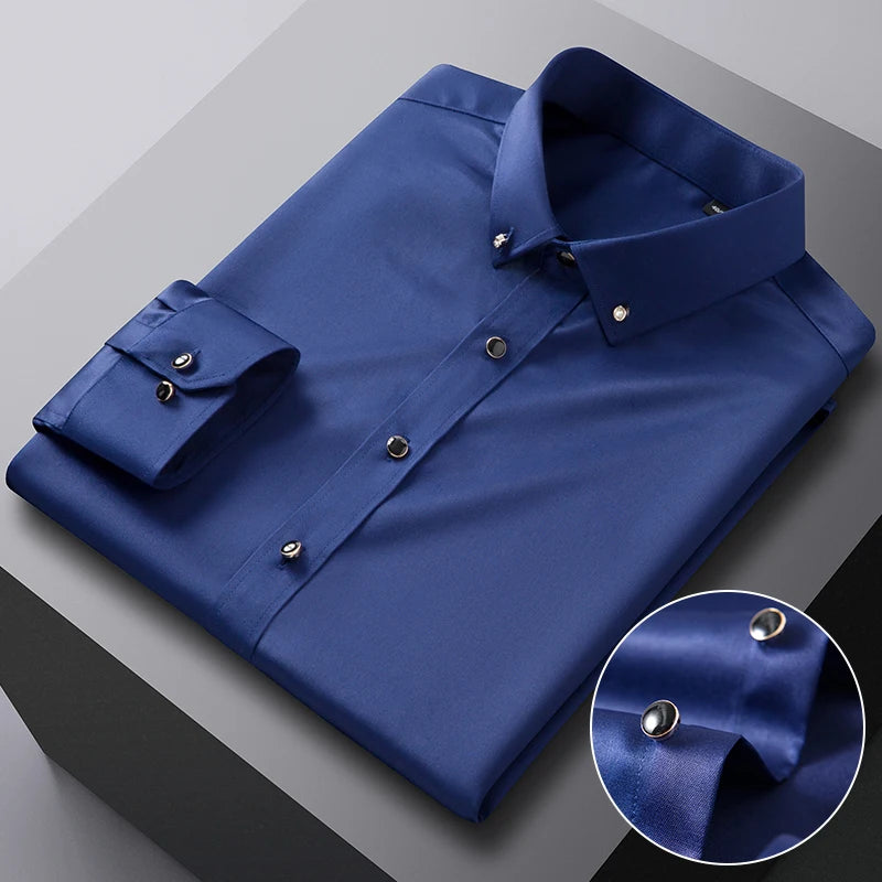 Elegant men's long sleeve silk-feel dress shirt with stretch fabric and diamond buttons, ideal for formal occasions and parties.