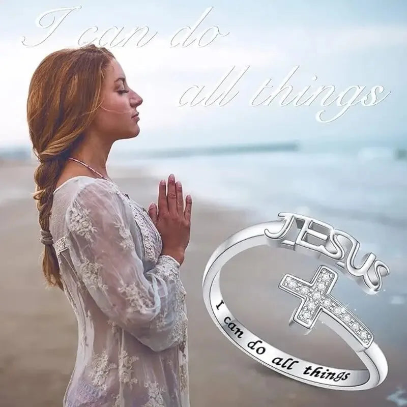 Showlu Silver Cross Jesus Zircon Ring with prayer inscription, featuring sparkling zircon stones and religious design.