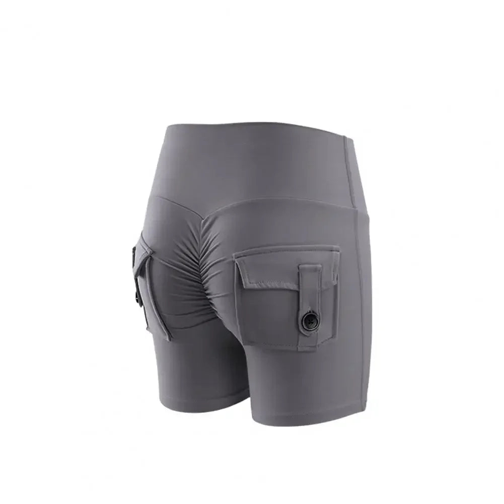 Sanwood women's high waist peach yoga shorts with pockets, designed for butt lifting and comfortable active wear.