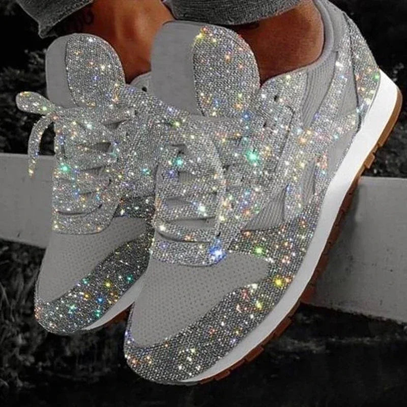 Women's bling flat sneakers by SHOWLU FASHION STORE featuring casual mesh slip-on design and sparkling embellishments.