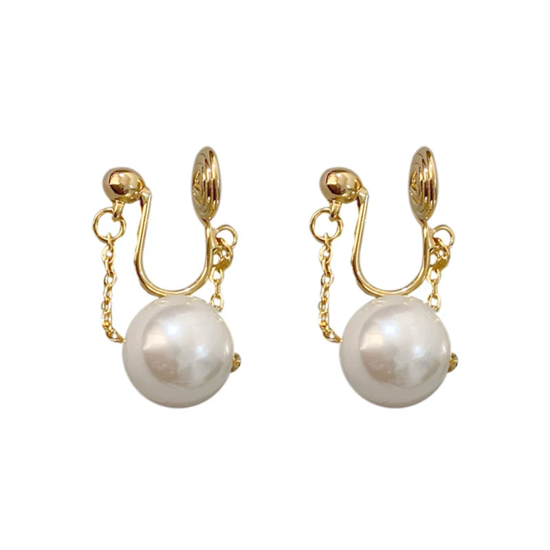 Vintage simple pearl mosquito coil clip earrings for women, featuring hanging chain drop design and painless non-piercing style