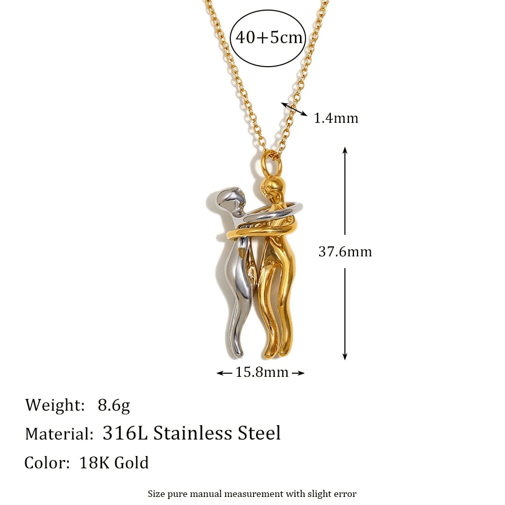 E.B.belle mix color stainless steel and 18K gold pendant necklace with hug design, ideal for lovers and family gifts.
