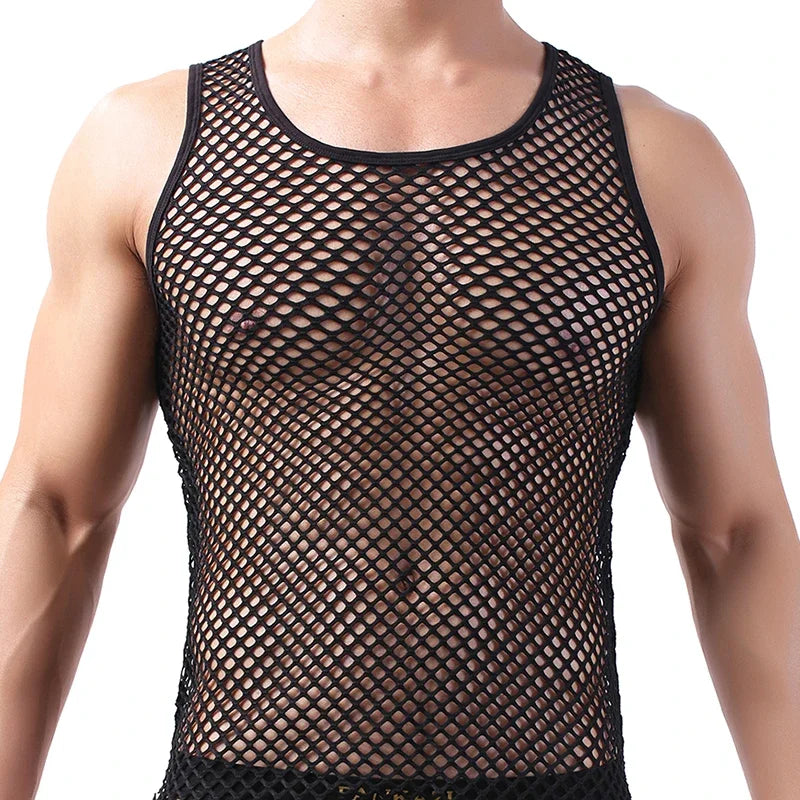 Men's breathable fashion tank top with hollow-out mesh design, sleeveless undershirt by Showlu Fashion Store
