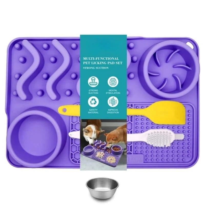 Turquoise silicone slow feeder mat for pets with aluminum bowl, 17x11x2 inches, designed to reduce boredom and anxiety.