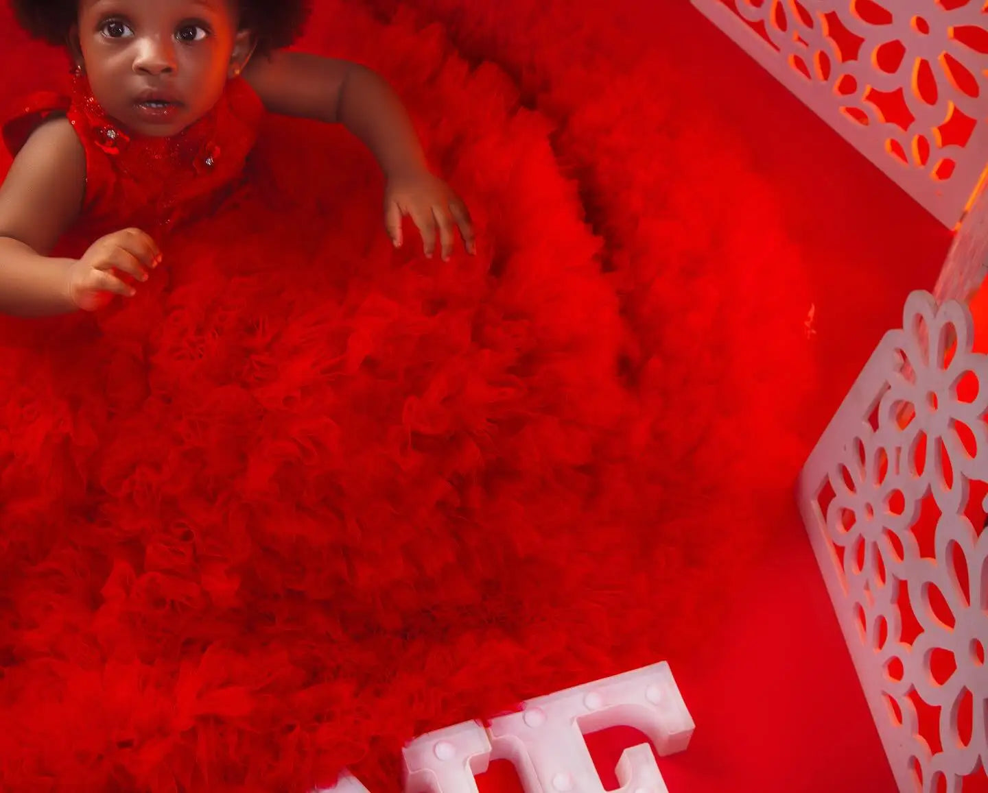 Red flower girl dress by SHOWLU FASHION STORE featuring sequined ruffle ball gown design for wedding occasions.