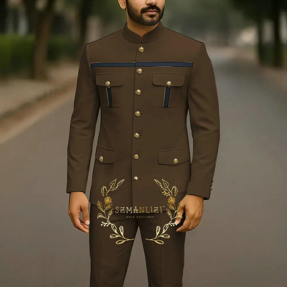 Elegant men's white single-breasted suit jacket and pants set with stand collar, perfect for weddings, business, or formal parties.
