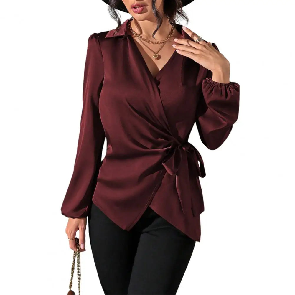 Elegant Showlu Women's long sleeve waist blouse with side lace-up detail, perfect for sophisticated fashion looks.
