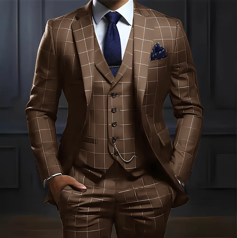 Showlu Men's 3-Piece Plaid Suit with slim fit, featuring a plaid blazer, matching trousers, and waistcoat for formal or wedding wear.