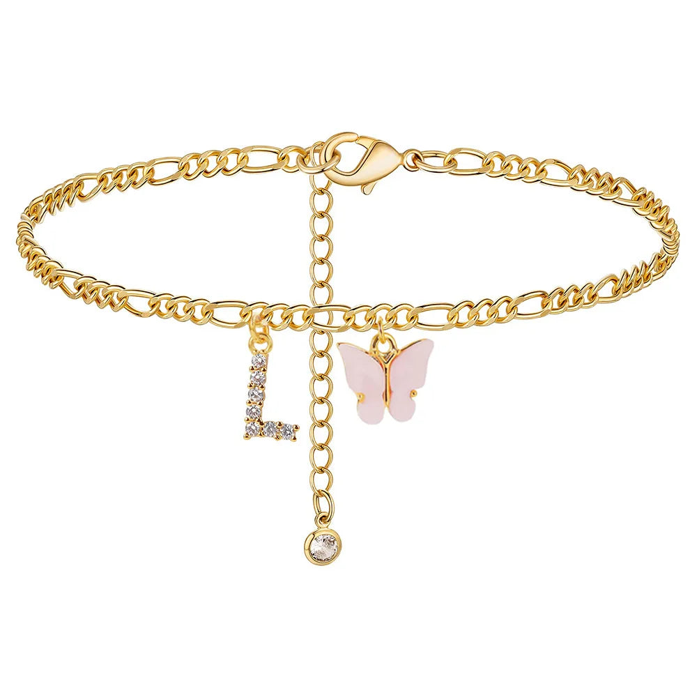 Stainless steel alphabet anklet with butterfly charm, trendy leg chain jewelry for women and girls, waterproof and stylish.