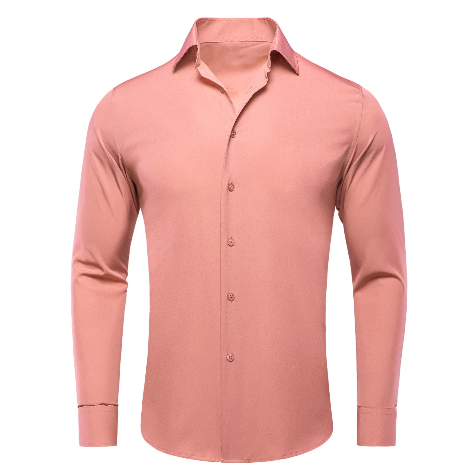 Showlu Fashion Store men's long sleeve silk dress shirt in solid blue, mint, pink, purple, green, or gray with lapel collar.