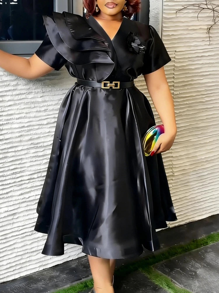 Black satin A-line dress for women with V-neck and ruffle details, perfect for parties, by Showlu Fashion Store.