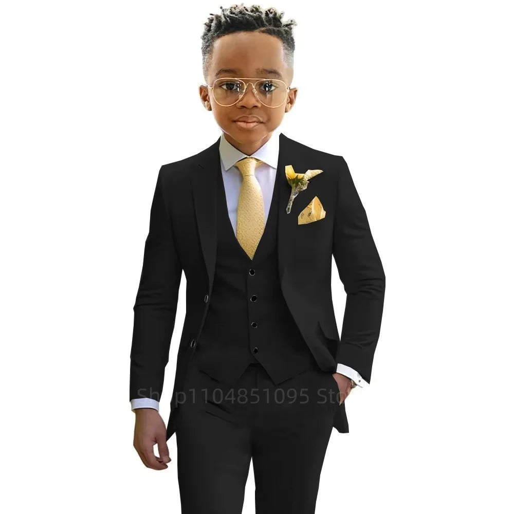 Boy's formal 3-piece suit for weddings and parties, stylish black suit with vest, jacket, and trousers by 1170uf-he.