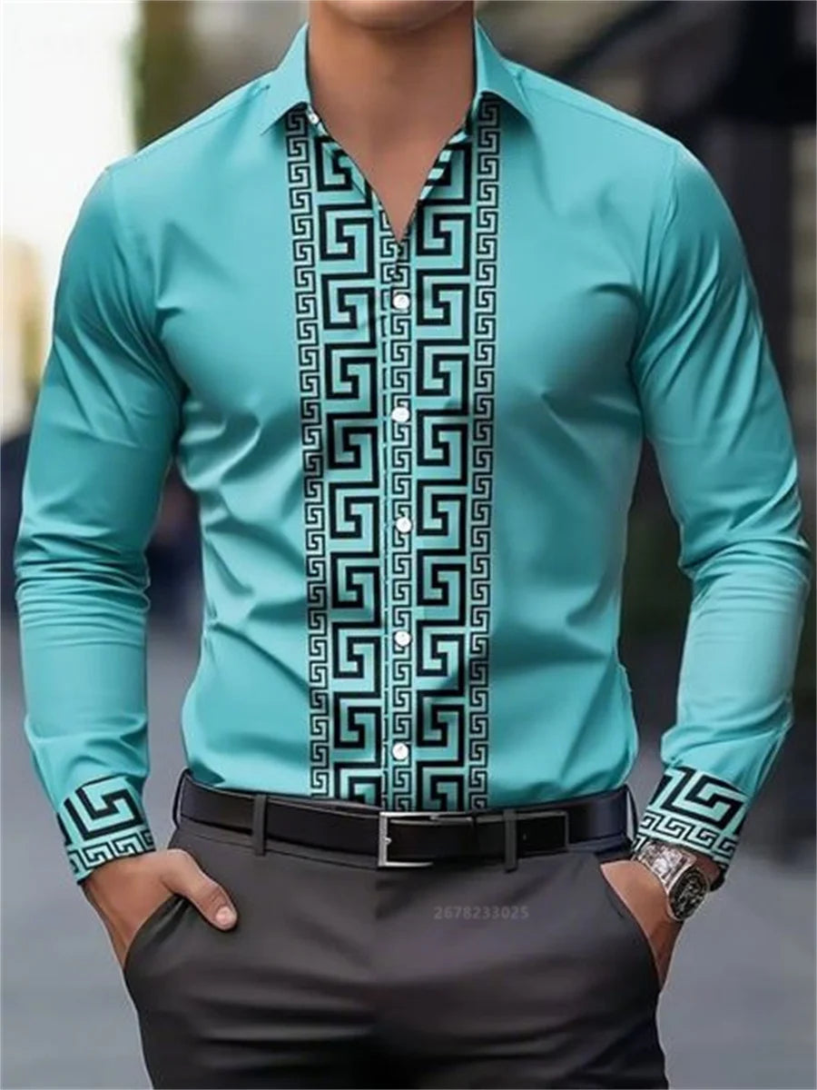 Men's long-sleeved patterned shirt with a lapel collar, casual button-down top by Showlu Fashion Store