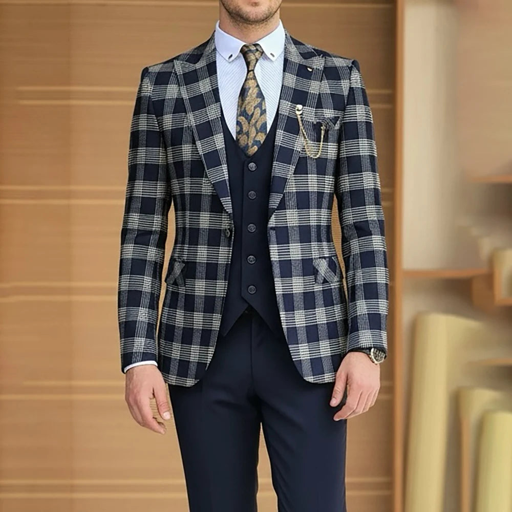 Classic Plaid Slim Fit Men's Suits Elegant 3 Piece Jacket Pants Vest Formal Single Breasted Peak Lapel Skinny Male Clothing