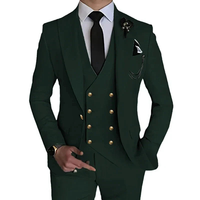 Men's 3-piece slim fit wedding suit by SHOWLU FASHION STORE, single-breasted design, includes jacket, vest, and trousers.