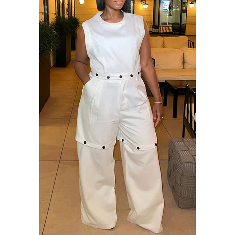 Plus size white two-piece pant set for women by Showlu Fashion, featuring pockets and stylish design.