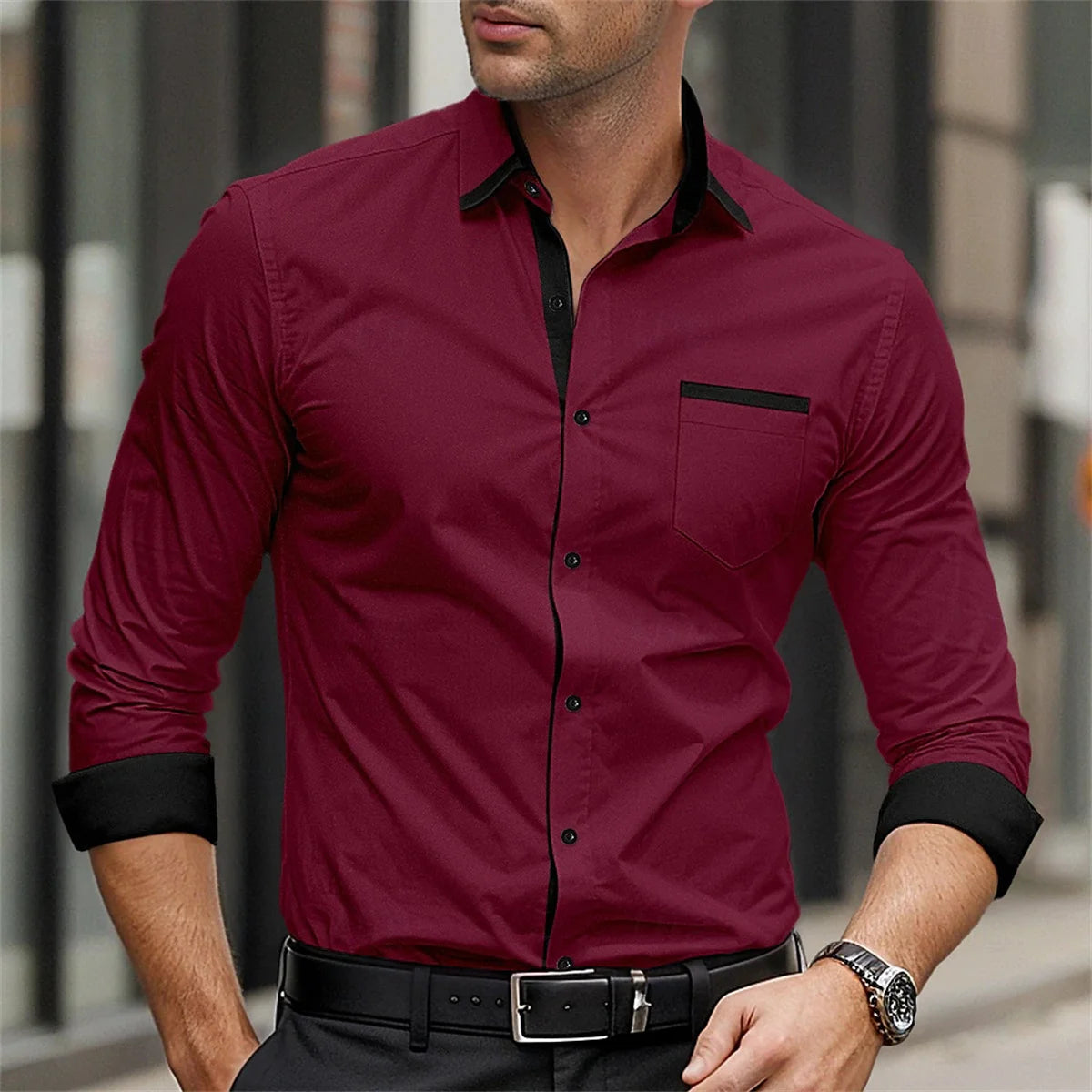 Men's formal long-sleeve button-up shirt in solid color with lapel and pocket patchwork, ideal for spring, autumn, weddings, or daily wear.