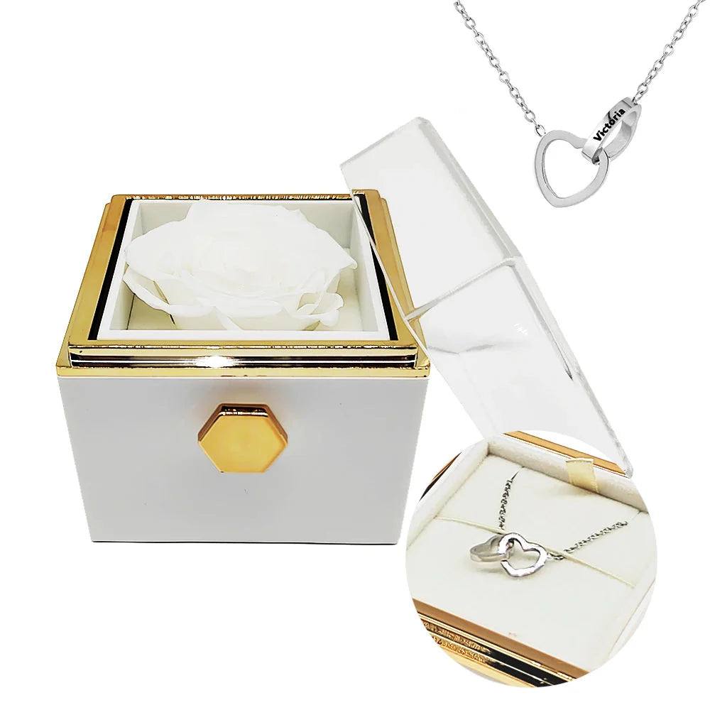 Engraved interlocking heart necklace and eternal rose in a decorative box from Showlu Fashion Store, elegant jewelry gift set.