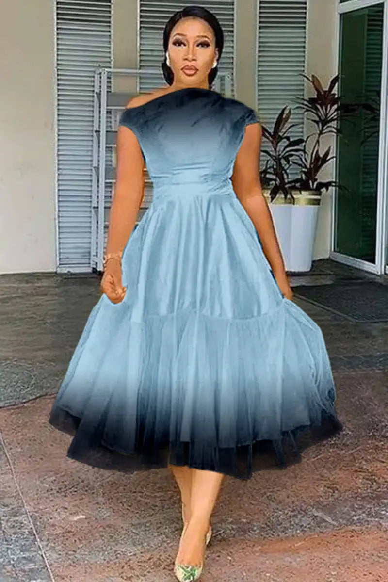 Plus Size Elegant A-line Tulle Midi Dress for Women Gradient Print Sleeveless Party Club Wedding Guest Dress for Summer 2024 SHOWLU FASHION STORE